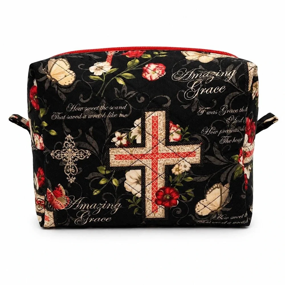 Christian Floral Makeup Bag, Quilted Cosmetic Pouch, Faith Inspired Toiletry Bag